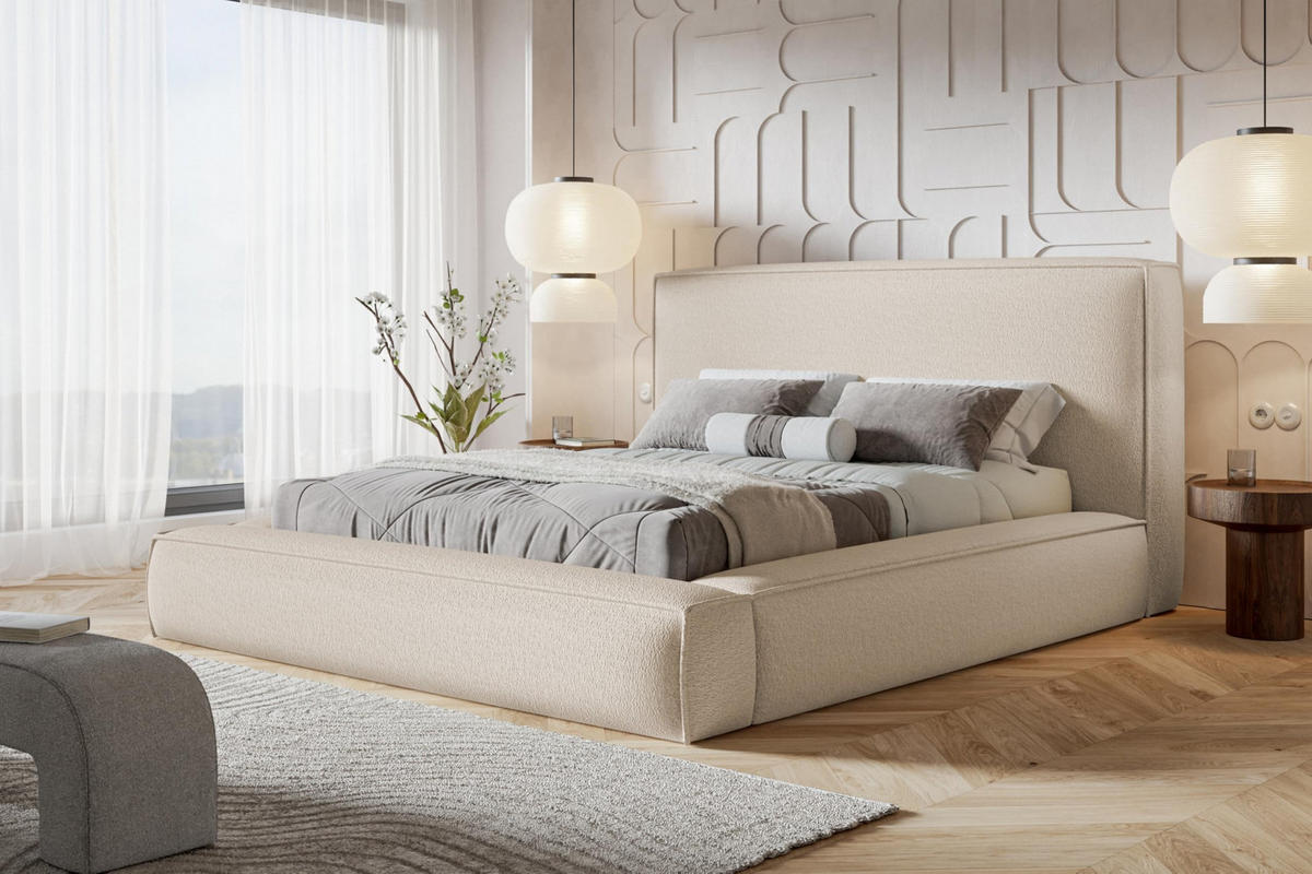 BETT 180x200 - Polsterbett mit Bettkasten und Metallrahmen - Modern Bett - Eleganter Catch-Me-Stoff - Kollektion Luna Maxi - Beige - Beige, Holz/Textil (180/200cm) - Alpi-Möbel
