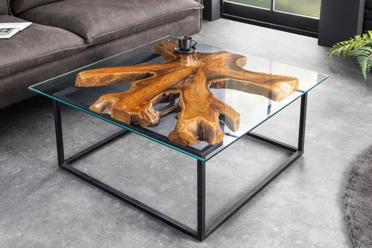 COUCHTISCH ROOT Teakholz quadratisch Natur|Schwarz|Transparent 70cm - Transparent/Schwarz, Glas/Holz (70/70/40cm) - riess-ambiente