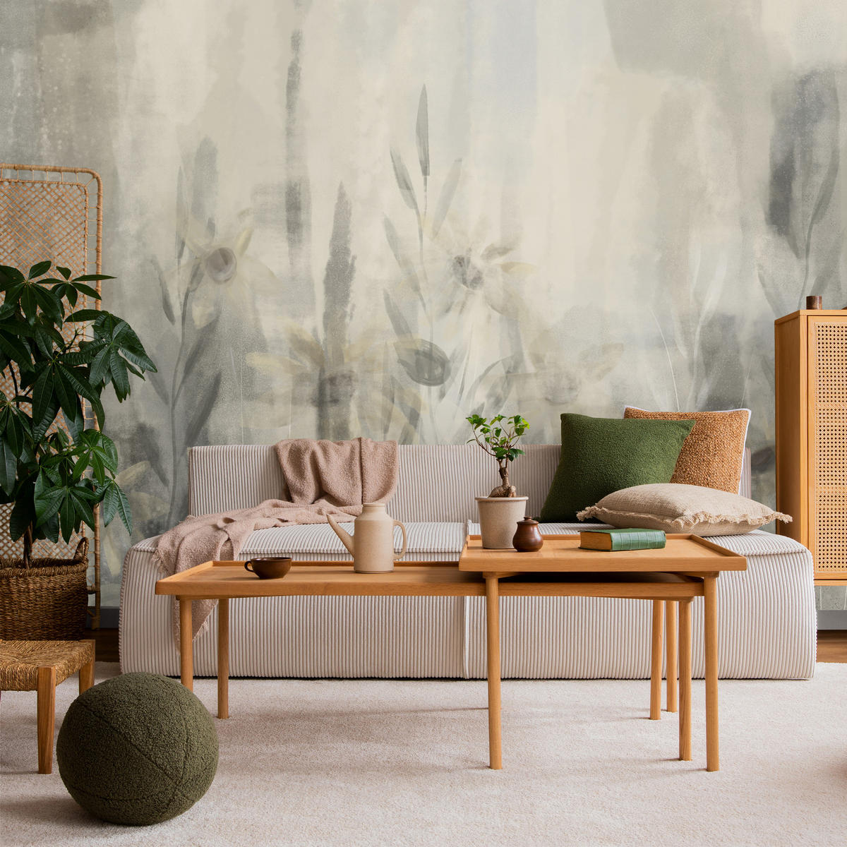 FOTOTAPETE Aquarell Blumen Blätter Abstraktion Vintage 250x175 - Beige/Grau, Papier (250/175cm) - Muralo