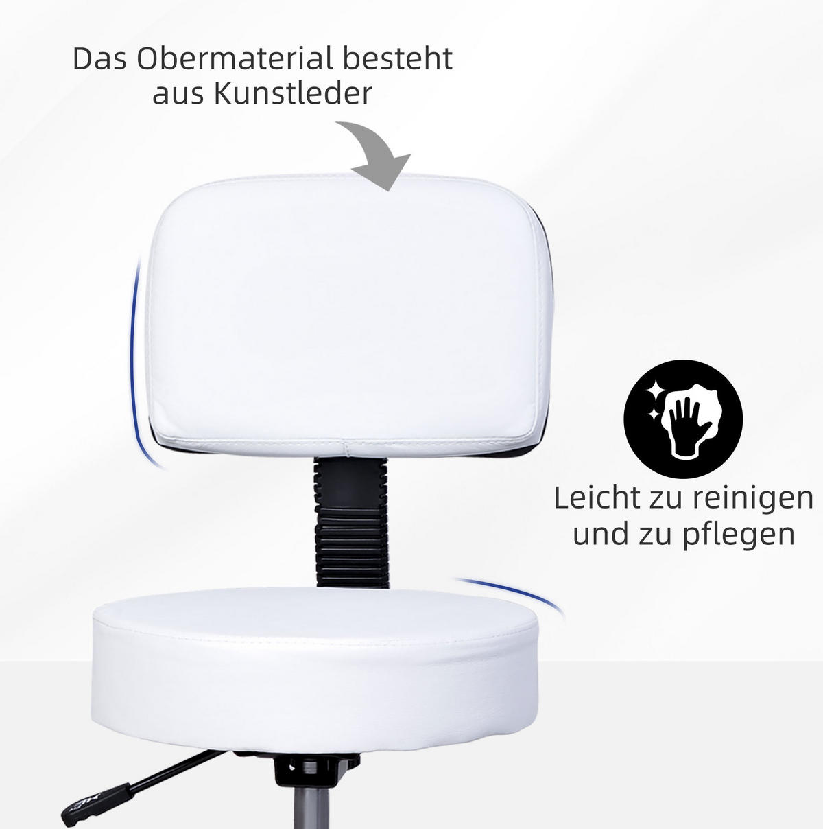 DREHSTUHL Sitzhöhe 35/35/84 cm weiß aus Kunstleder mit Rückenlehne und Rollen - Weiß, Leder (35/84/35cm) - OKWISH