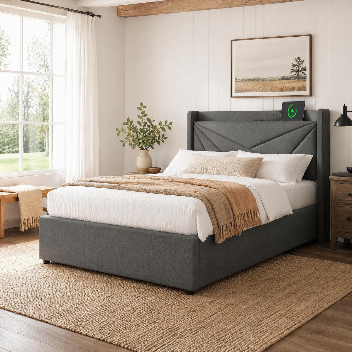 POLSTERBETT 90/200 mit Bettkasten und USB Type-C in Leinen - Grau, Holzwerkstoff/Textil (90/200cm) - EVRYAE