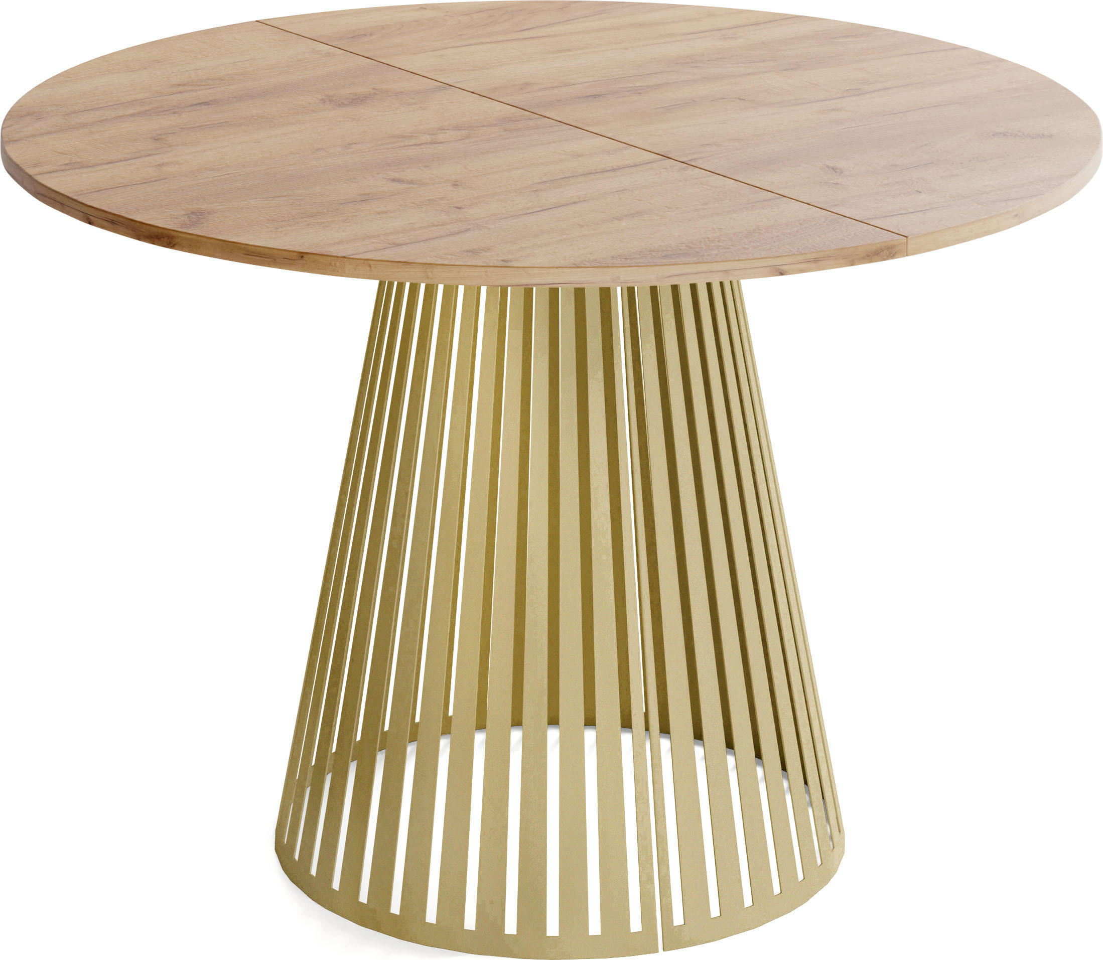 ESSTISCH Naro rund ausziehbar mit Goldenem Lamellen-Metallgestell, Braun 120-200/120/76 cm - Eiche Wotan/Goldfarben, Holzwerkstoff/Metall (120/120/76cm) - WFL GROUP