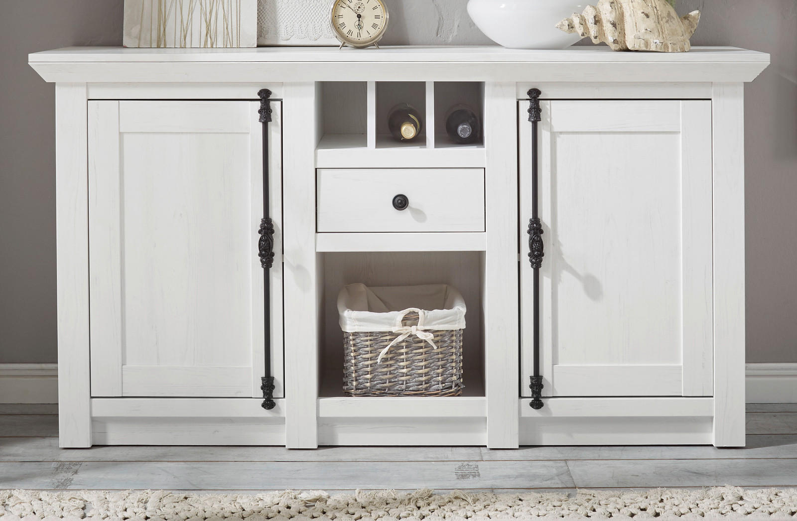 SIDEBOARD weiß Pinie Landhaus, Kommode mit Weinregal 152 x 83 cm - Anthrazit/Weiß, Holzwerkstoff/Metall (152/83/45cm) - Furn.Design