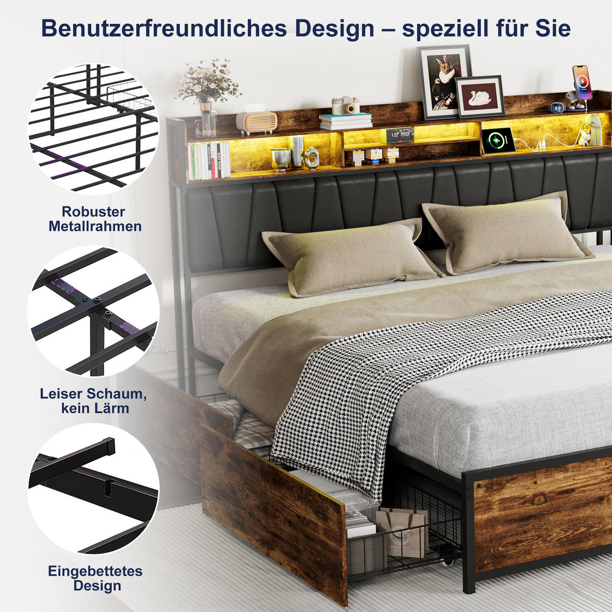 POLSTERBETT 180x200 cm, 4 Stauraumschubladen, LED-Leiste, Doppel-USB, in Braun - Braun, Holz (180/200cm) - BRILVERDE