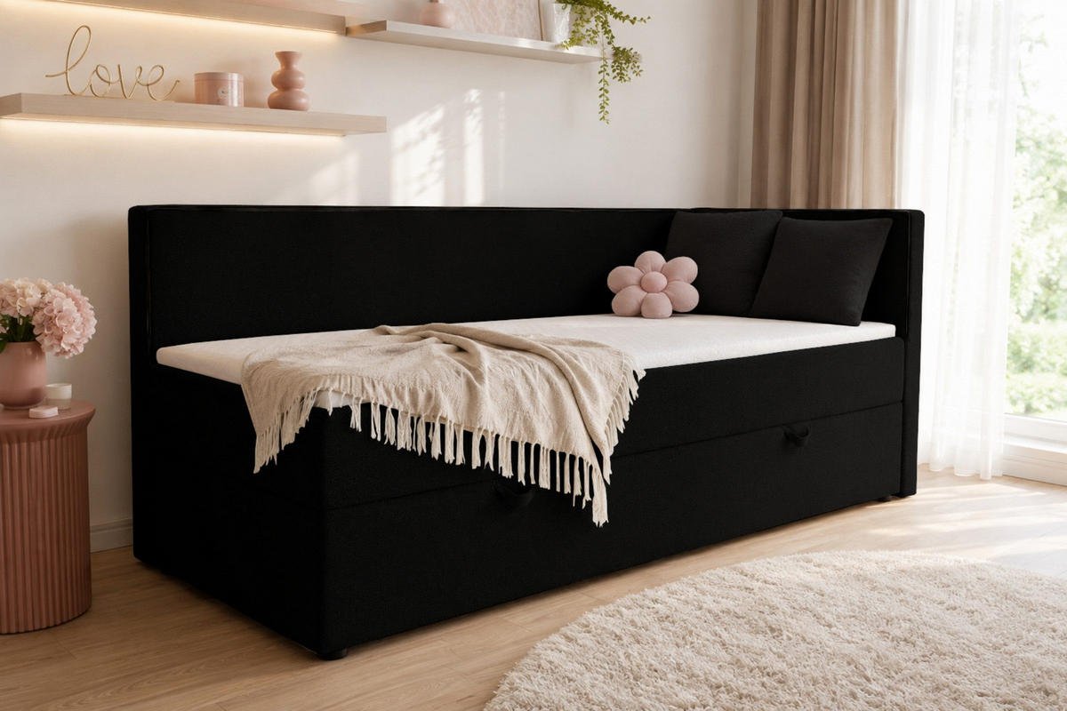 BOXBETT GINA 90/200 in Boucle Schwarz H3 - Schwarz, Holz/Holzwerkstoff (90/200cm) - Deine Möbel 24