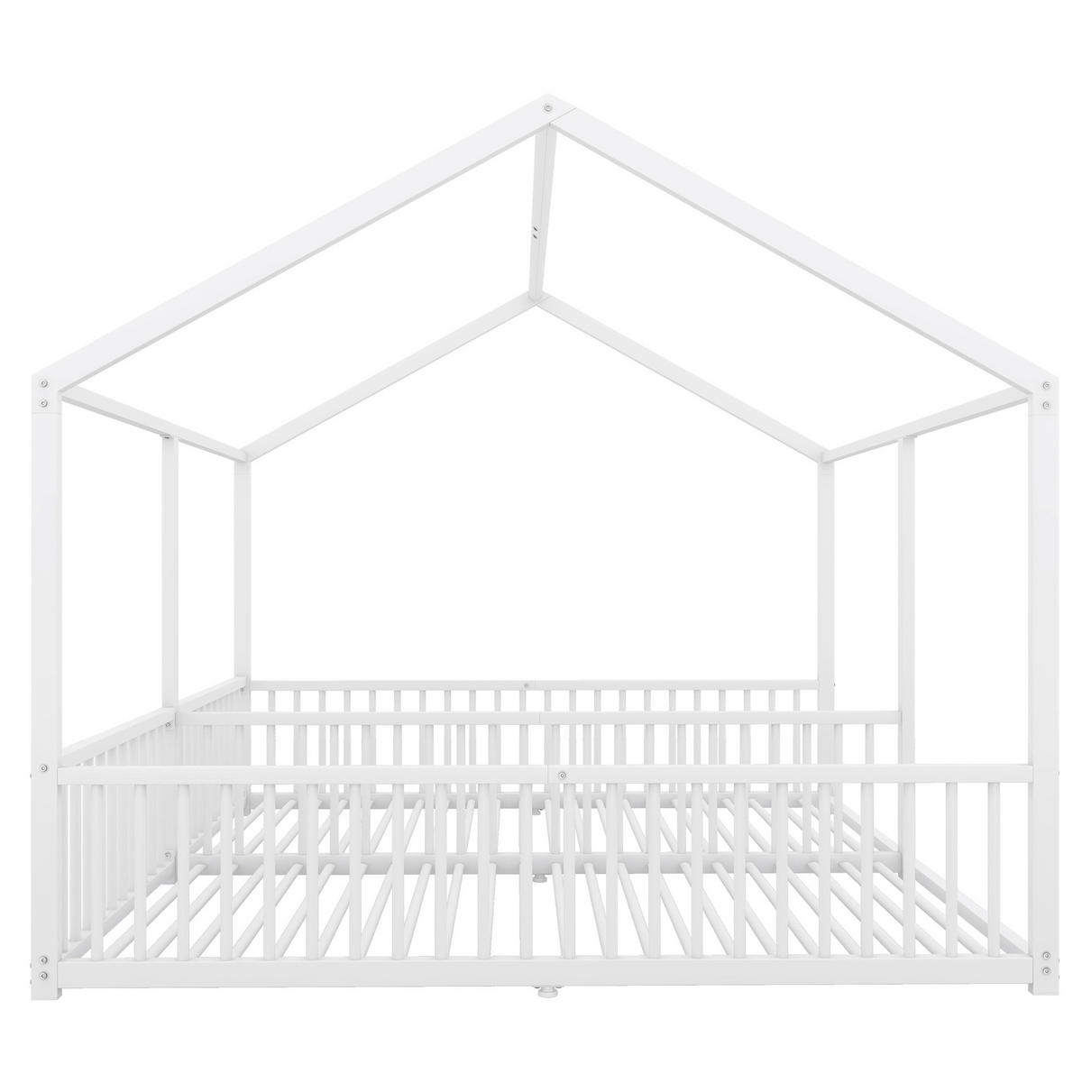 HAUSBETT aus Metall 90x200 cm Weiß mit Leiter, Geländer und Hausform - Weiß, Metall (90/200cm) - Modfu