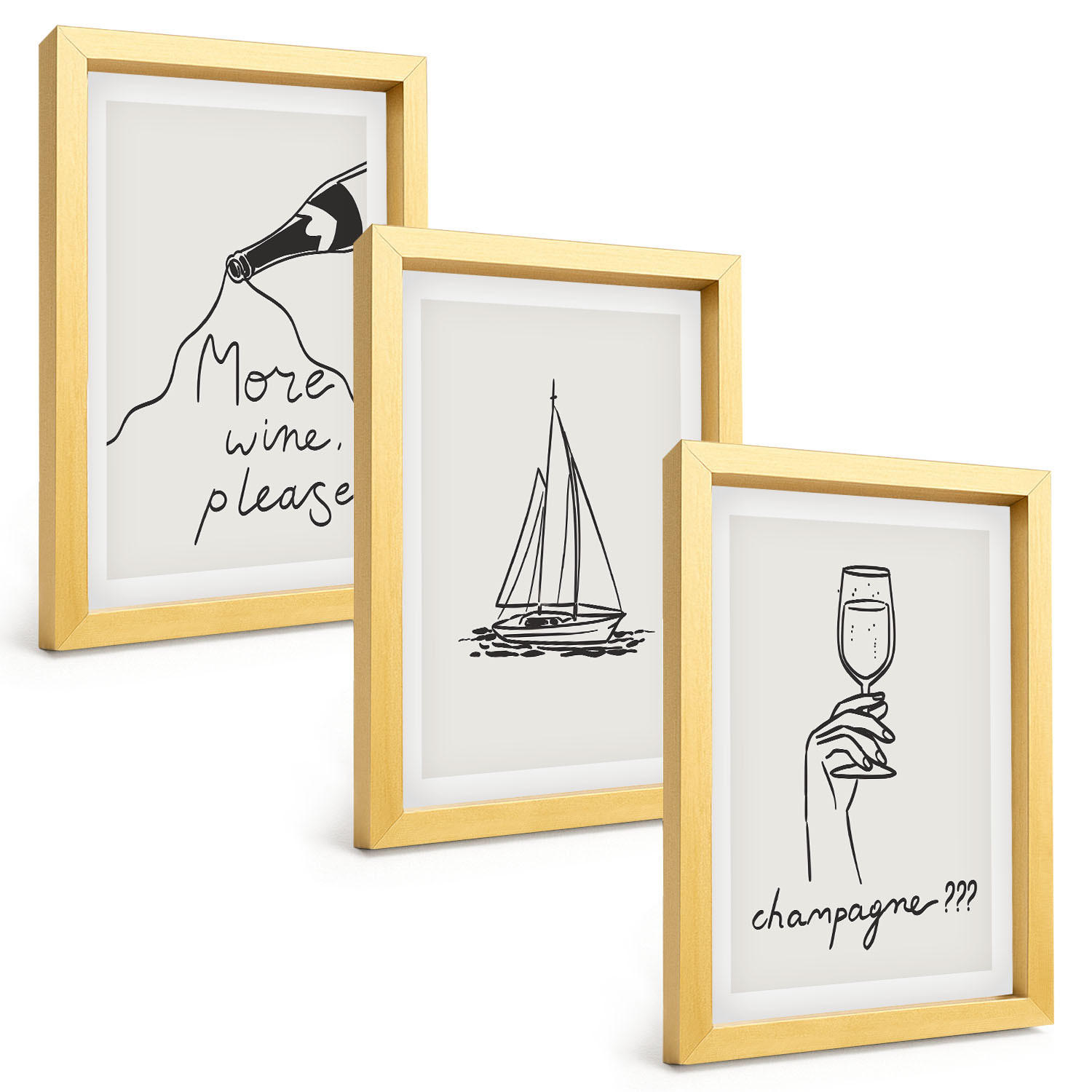 BILDER SET 3er Set - 20x30 cm Goldrahmen - Weinsegelboot-Glas-Linienzeichnung - Goldfarben, Kunststoff (20/30cm) - TULUP
