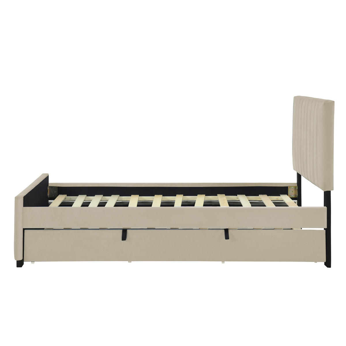 OTROŠKA polnjena postelja iz MDF, kovine in žameta 90x190 cm bež z izvlečno posteljo in letvičnim dnom - bež, tekstil (90/190cm) - Modfu