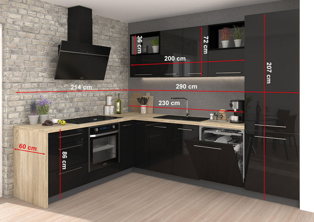 WINKELKÜCHE Essen lava matt / schwarz Hochglanz & Matt ; Arbeitsplatte Eiche Sonoma 290 / 210 / 207cm 11-teilig - Schwarz Hochglanz/Braun, Holzwerkstoff/Metall (290/207/214cm) - Feldmann-Wohnen
