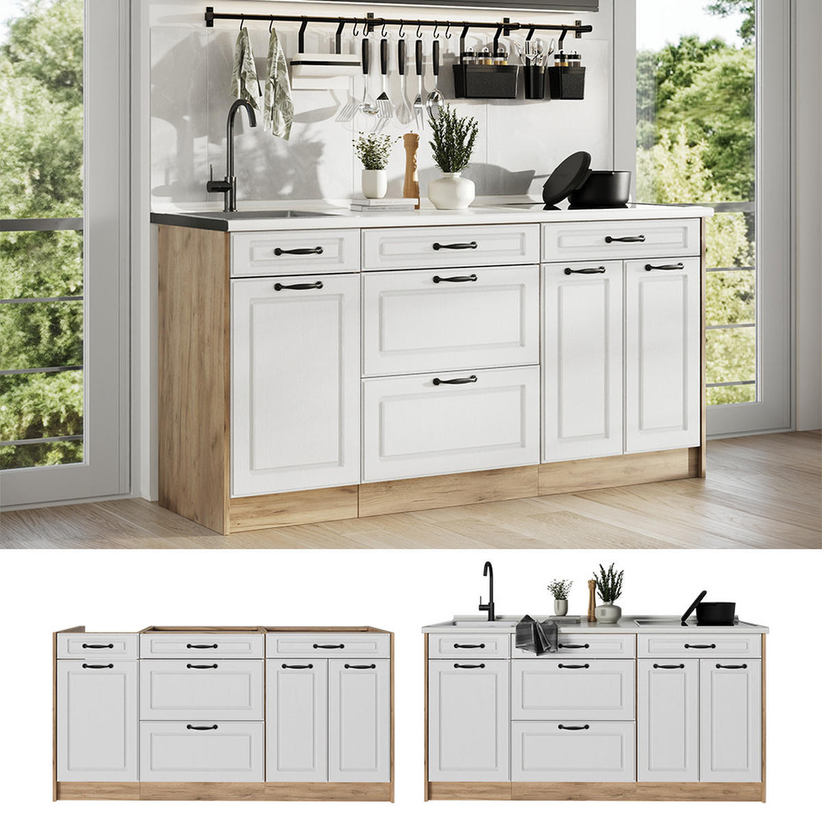 KÜCHENBLOCK R-Line, Weiß Landhaus/Goldkraft Eiche, 160 cm Arbeitsplatte Anthrazit - Eichefarben/Weiß, Holzwerkstoff (160/81.6/60cm) - Vicco
