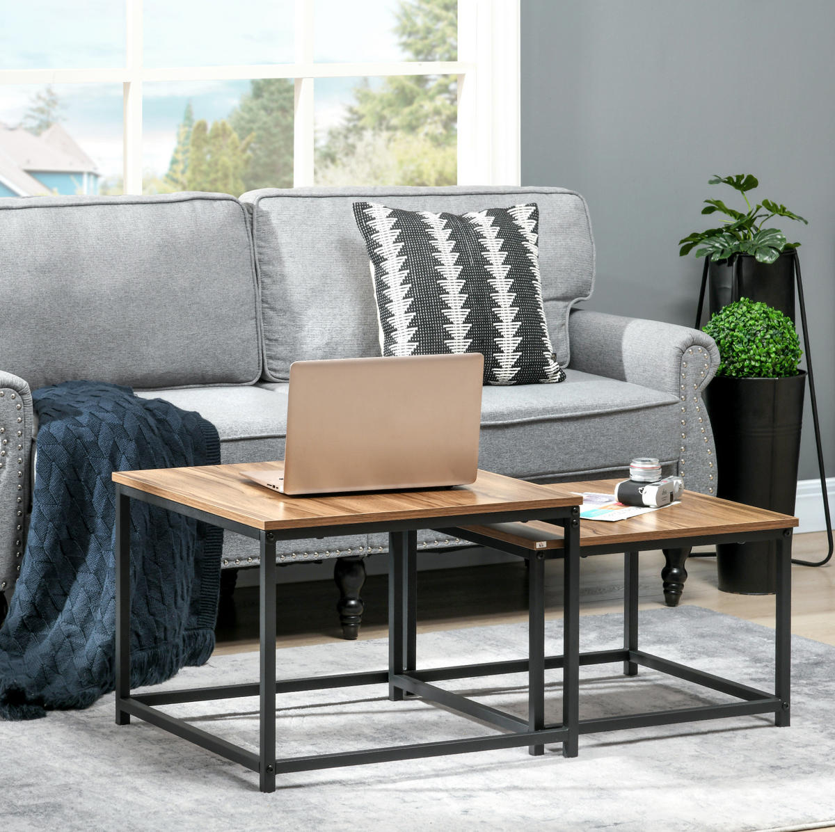 COUCHTISCH 2er-Set 60/60/45 cm in Holzoptik mit Stahlgestell - Naturfarben, Holzwerkstoff (60/60/45cm) - Flora Grace