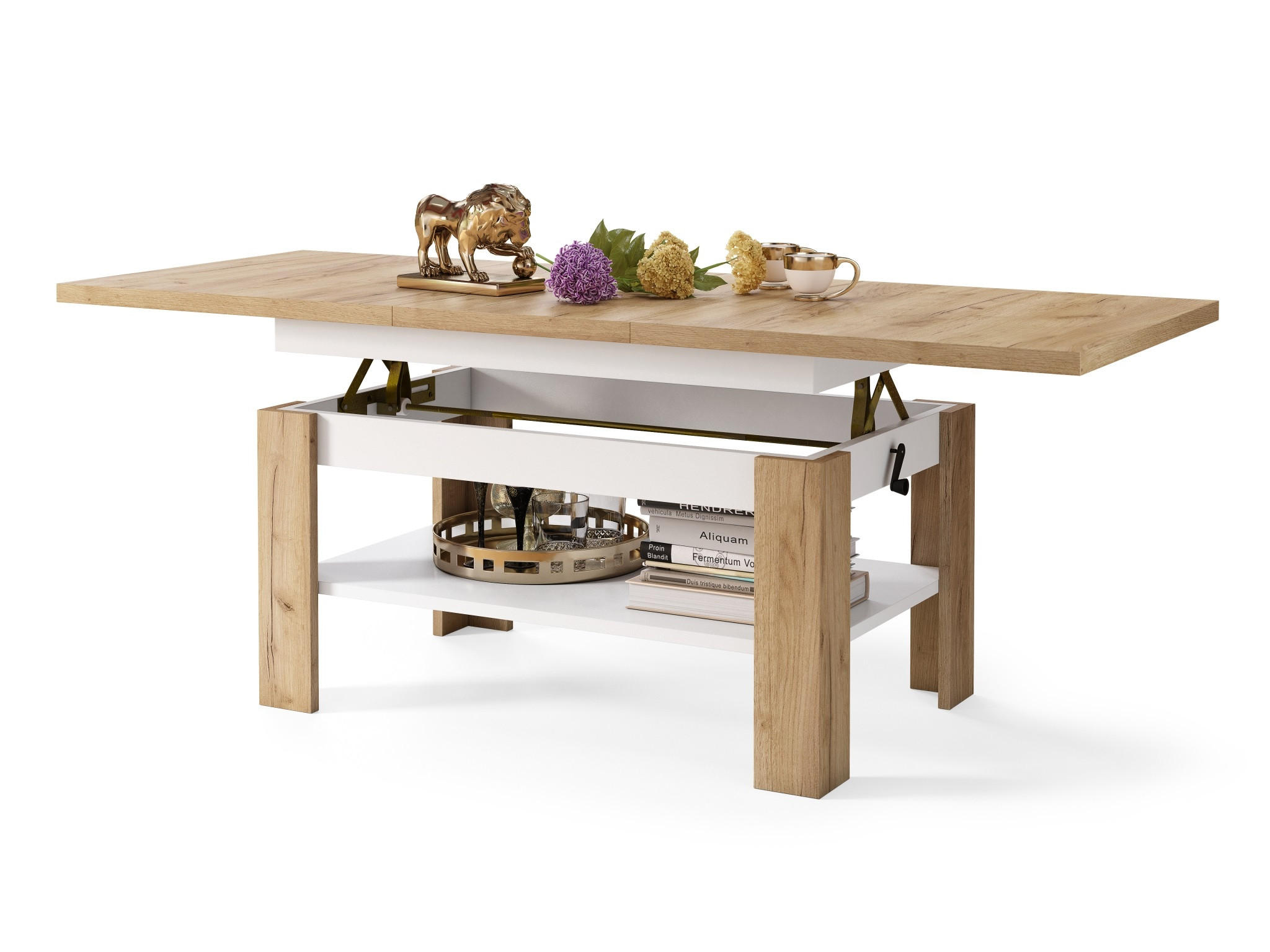 COUCHTISCH rechteckig Eiche Gold - Weiß ausziehbar höhenverstellbar - Eichefarben/Weiß, Holzwerkstoff (65/130/58cm) - designimpex