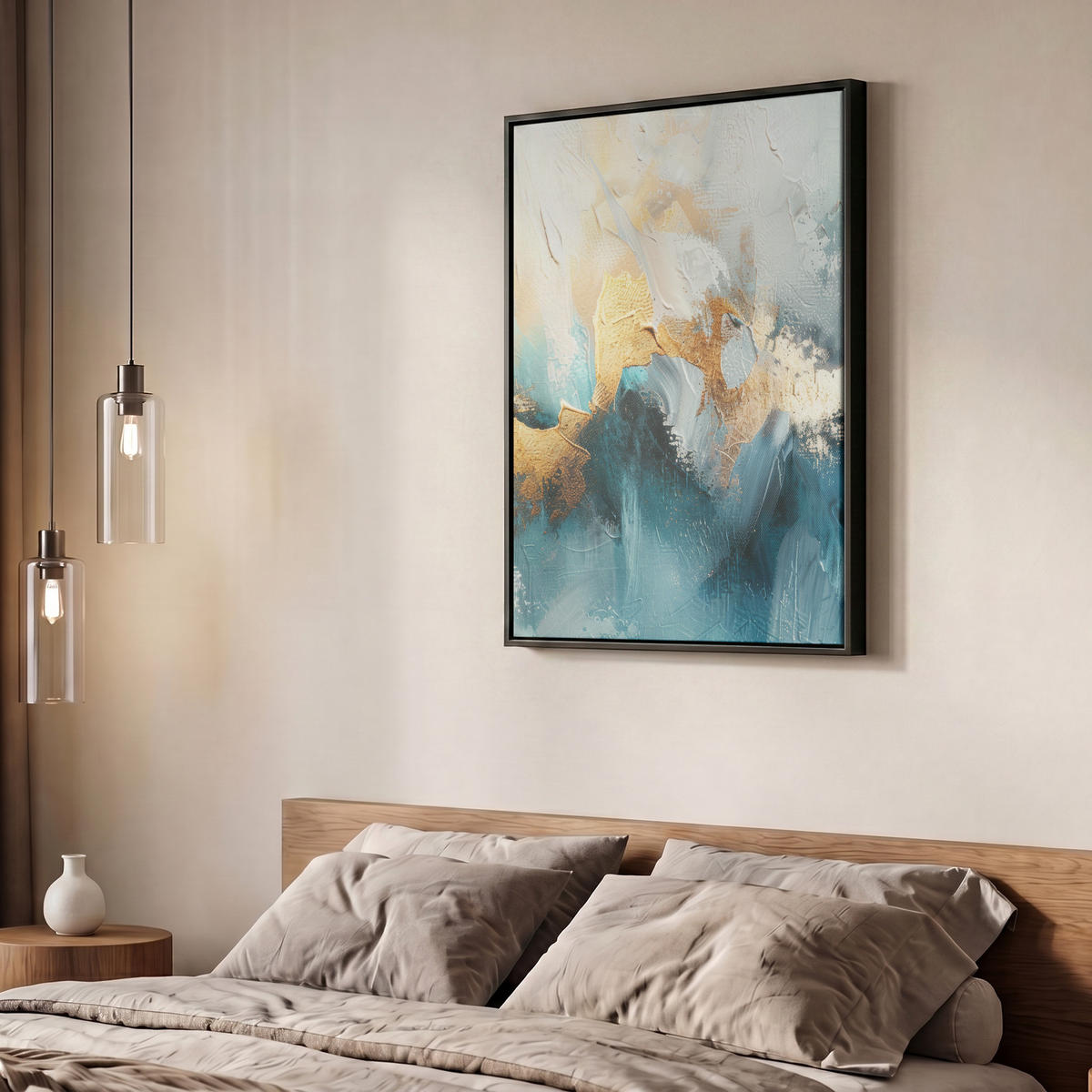 LEINWAND Bilder mit Rahmen - Abstrakt - Kunst - Gold - Blau - 60x80 - Petrol, Textil (60/80cm) - MuchoWow