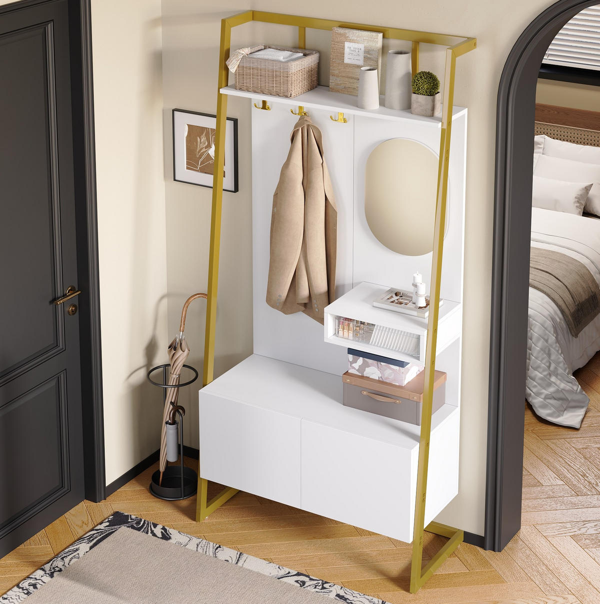 DIELENGARDEROBE mit Spiegel und Schuhablage in Weiß 78/38,5/180,5 cm - Weiß, Holzwerkstoff (38.5/180.5/78cm) - BEAOK