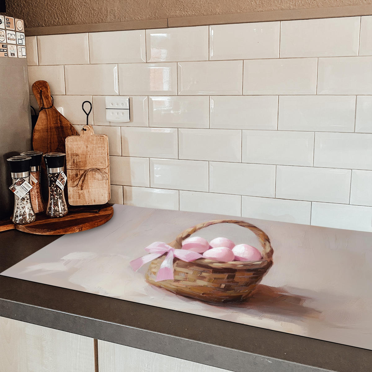 HERDABDECKPLATTE Korb - Eier - Rosa Ceranfeldabdeckung 90x52 cm - Beige, Kunststoff (90/52/0.2cm) - MuchoWow