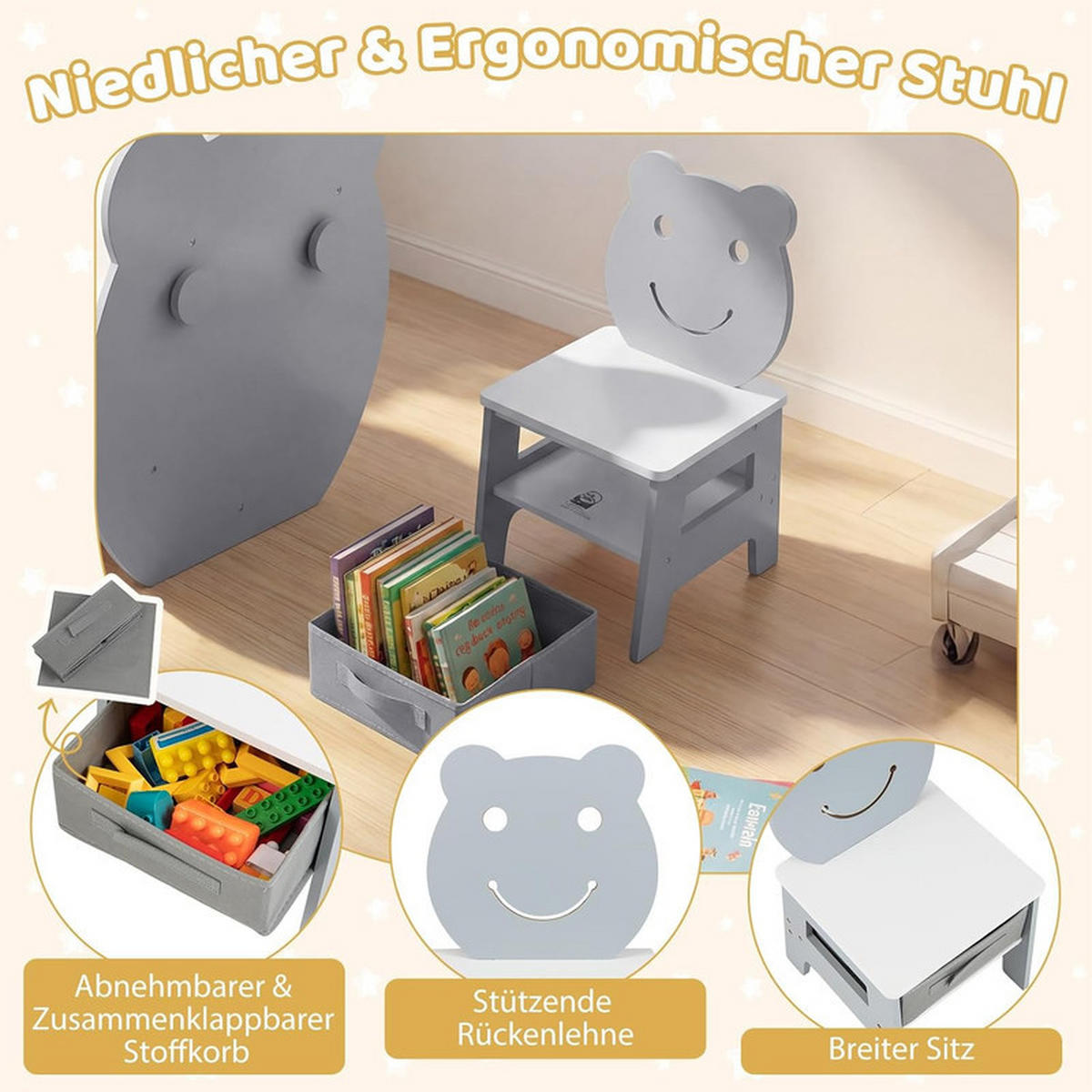 KINDERTISCH mit stuhl grau(2-tlg) - Grau, Holzwerkstoff (59.5/60/60cm) - COSTWAY