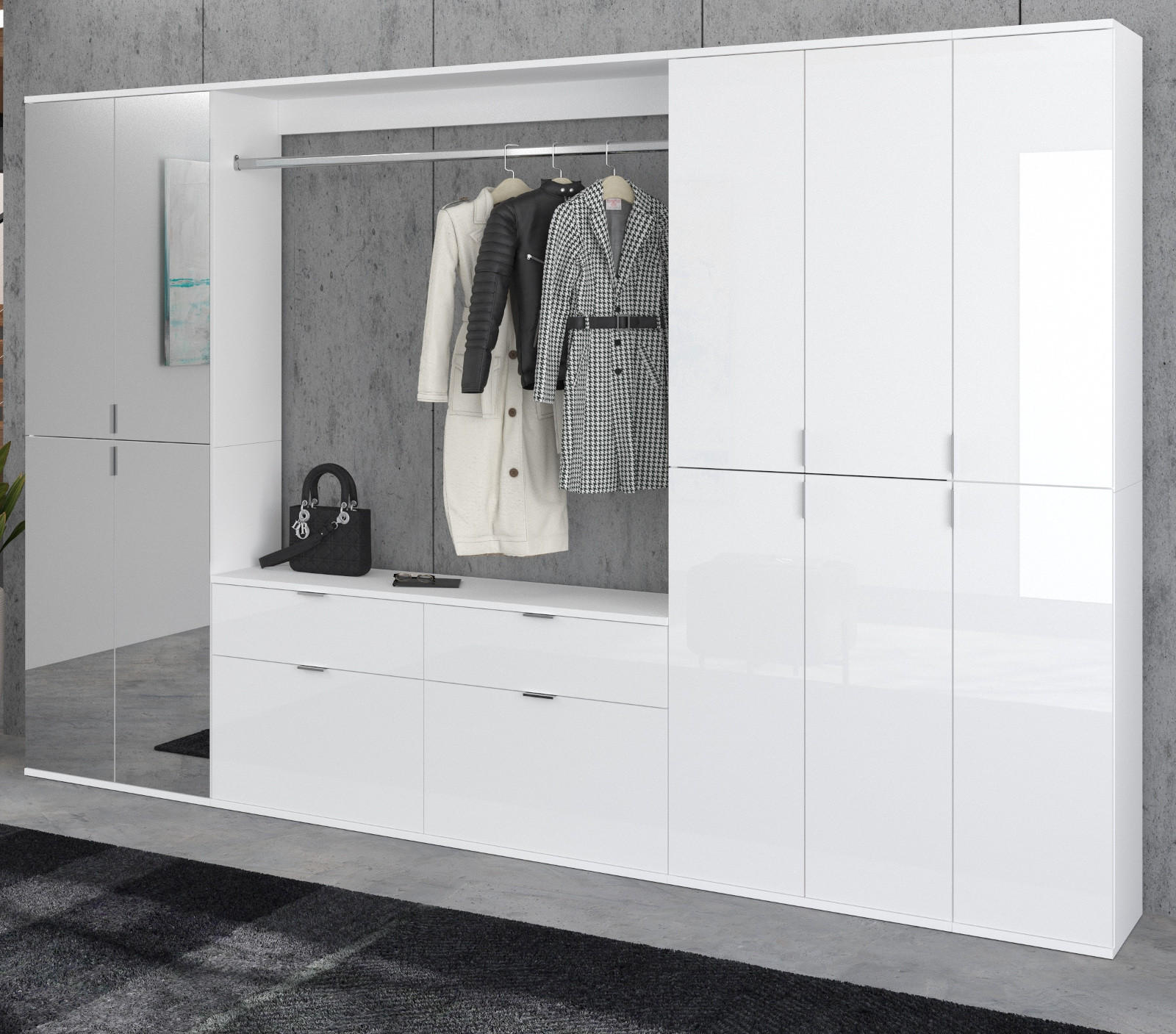 GARDEROBEN-SET weiß Hochglanz 273 cm viel Stauraum, Flurgarderobe mit Spiegeltür - Chromfarben/Weiß Hochglanz, Glas/Holzwerkstoff (273/193/34cm) - Inn.Furn