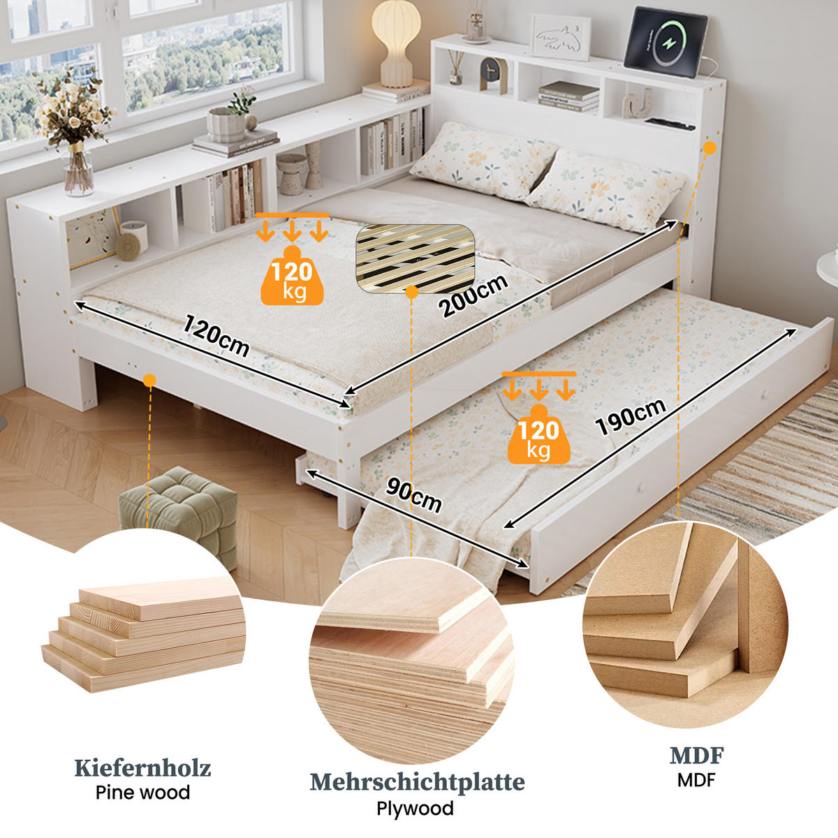 BETT 120/200 cm in Weiß mit Ausziehbett, Stauraumregal, Kopfteilablage und Ladestation - Weiß, Holzwerkstoff (120/200cm) - STILVORA