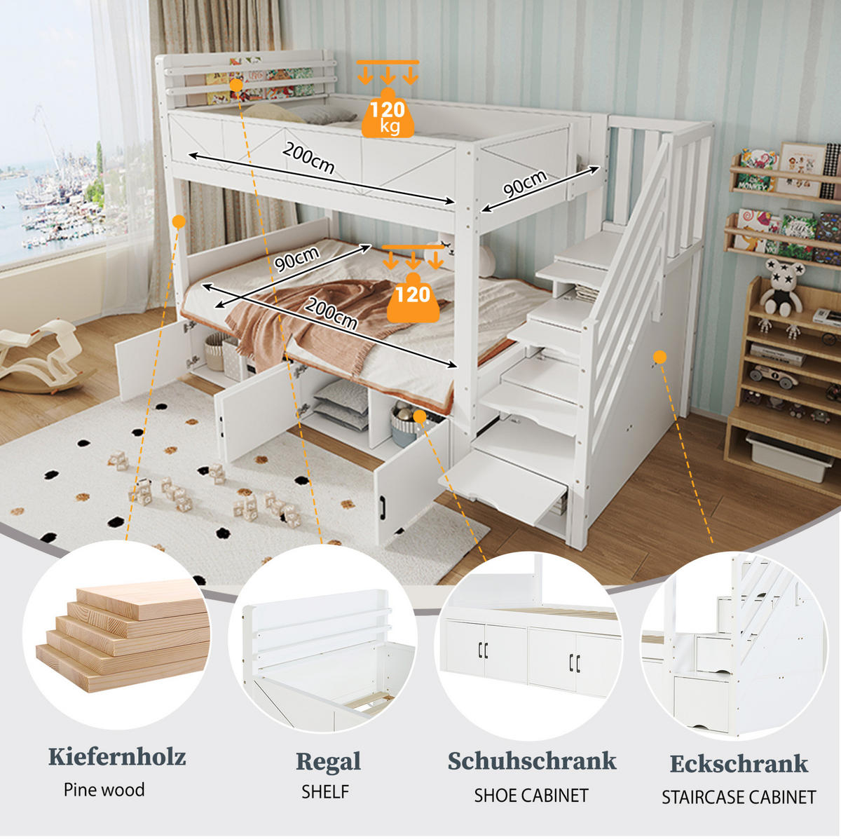 ETAGENBETT 90/200 cm aus Holz mit Stauraumtreppe, Weiß - Weiß, Holz (90/200cm) - OKMYHOME