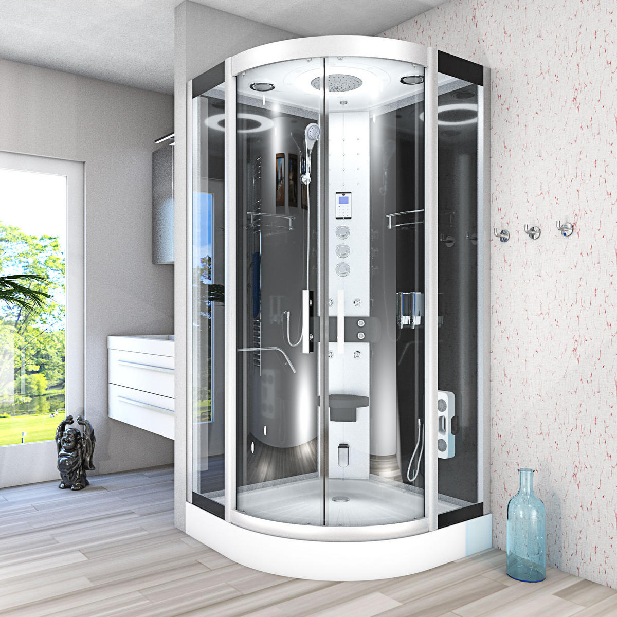 DAMPFDUSCHE Duschkabine D58-13T3 sw 90x90 - Schwarz, Glas/Kunststoff (90/90/215cm) - AcquaVapore by Sandra Jentho