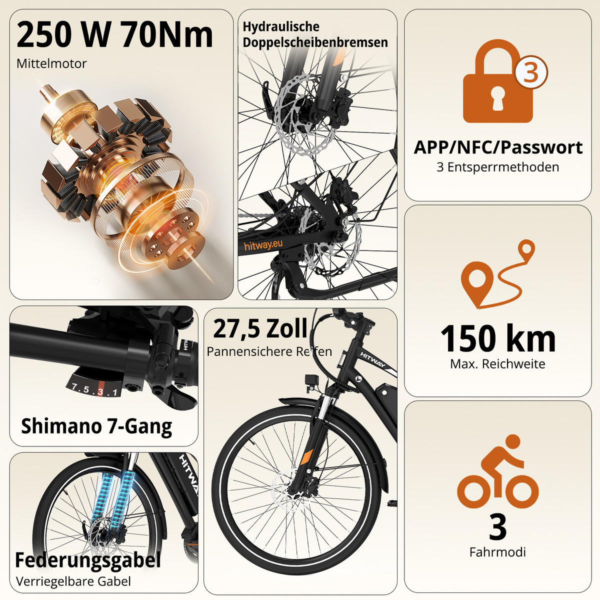 E-BIKE BKU1 Mittelmotor mit 150 km Maximalreichweite - Schwarz, Metall (80cm) - HITWAY