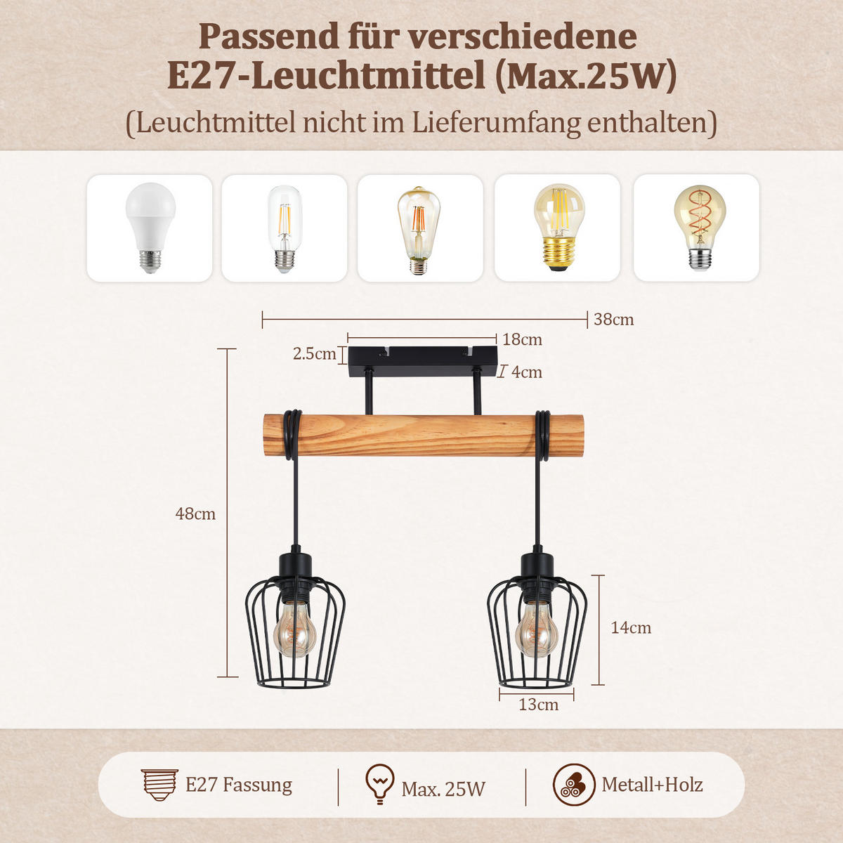 DECKENLEUCHTE Alaric 38/13/48 cm - Schwarz, Holz/Metall (38/13/48cm) - ZMH