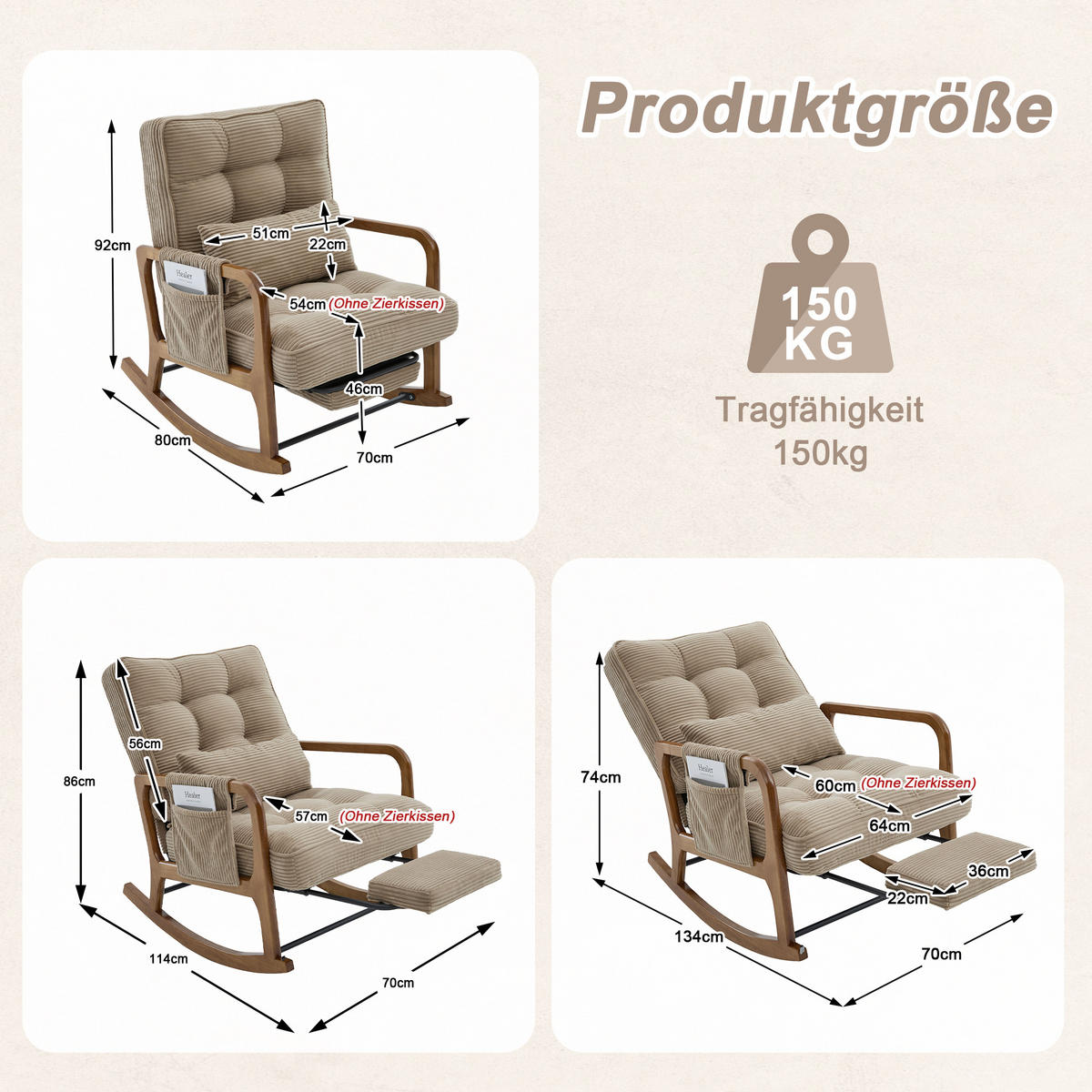 SCHAUKELSTUHL Relaxsessel mit Fußstütze,verstellbarer Rückenlehne,Cord,Khaki - Hellbraun, Textil (70/92/80cm) - LVHOM