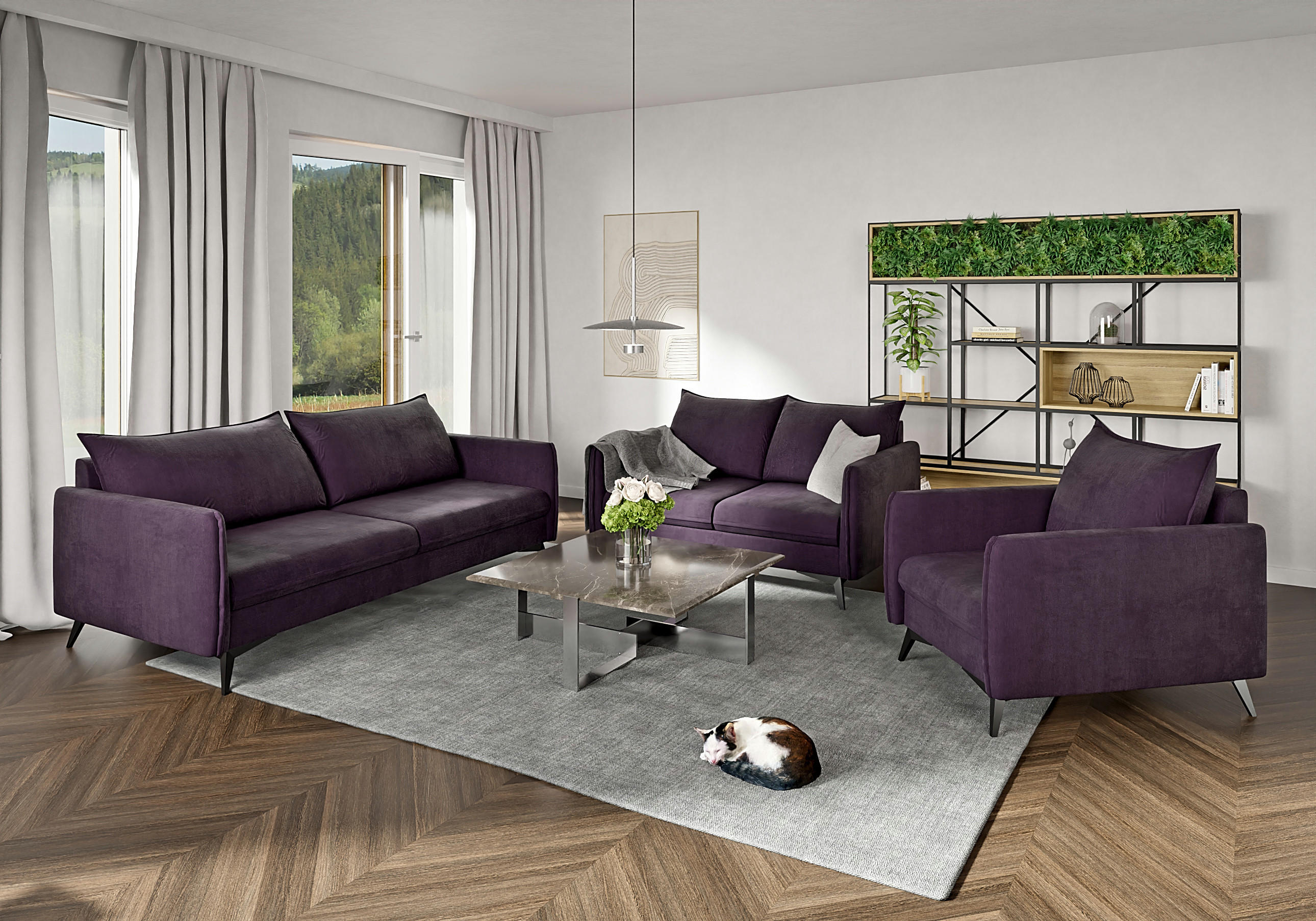 SITZGARNITUR 3+2+1 Pulse Lila Luxusmikrofaser - Lila/Schwarz, Holz/Textil (199/86/91cm) - S-Style Möbel