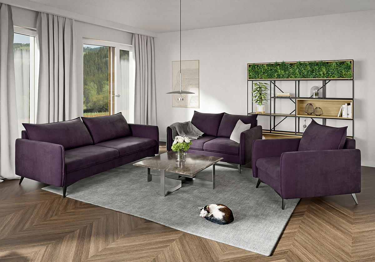 SITZGARNITUR 3+2+1 Pulse Lila Luxusmikrofaser - Lila/Schwarz, Holz/Textil (199/86/91cm) - S-Style Möbel