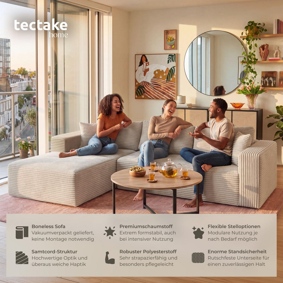 SOFA Relax, keine Montage, 250 cm Breite, Samtcord beige - Beige, Kunststoff/Textil (250/162cm) - tectake