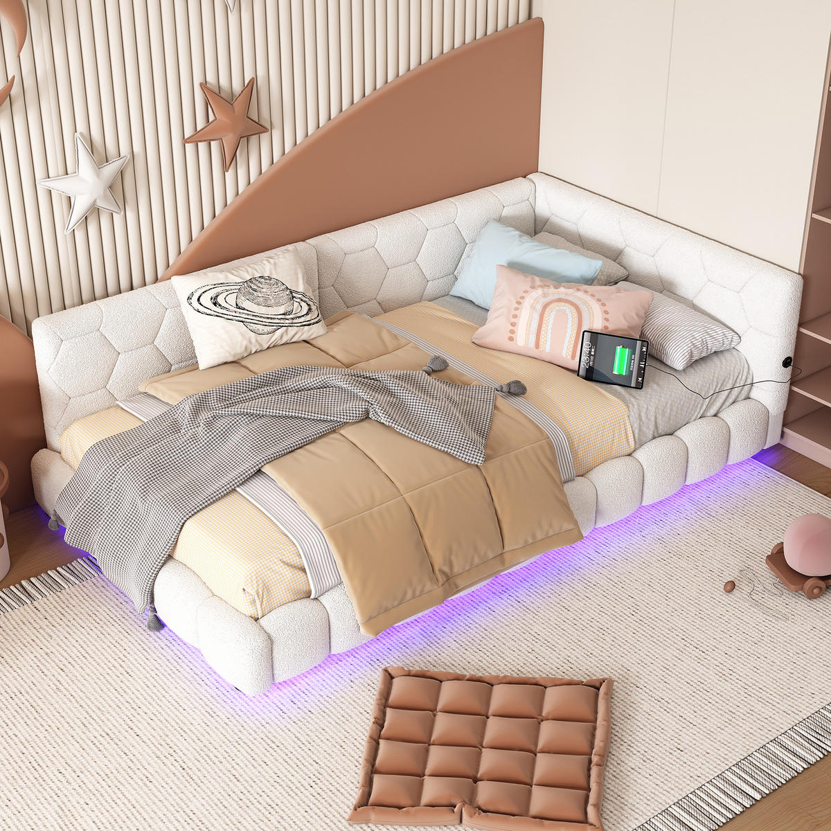 POLSTERBETT 90/200 cm Weiß aus Vliesimitat und MDF mit USB-Anschluss und Umgebungslicht - Weiß, Textil (90/200cm) - OKMYHOME