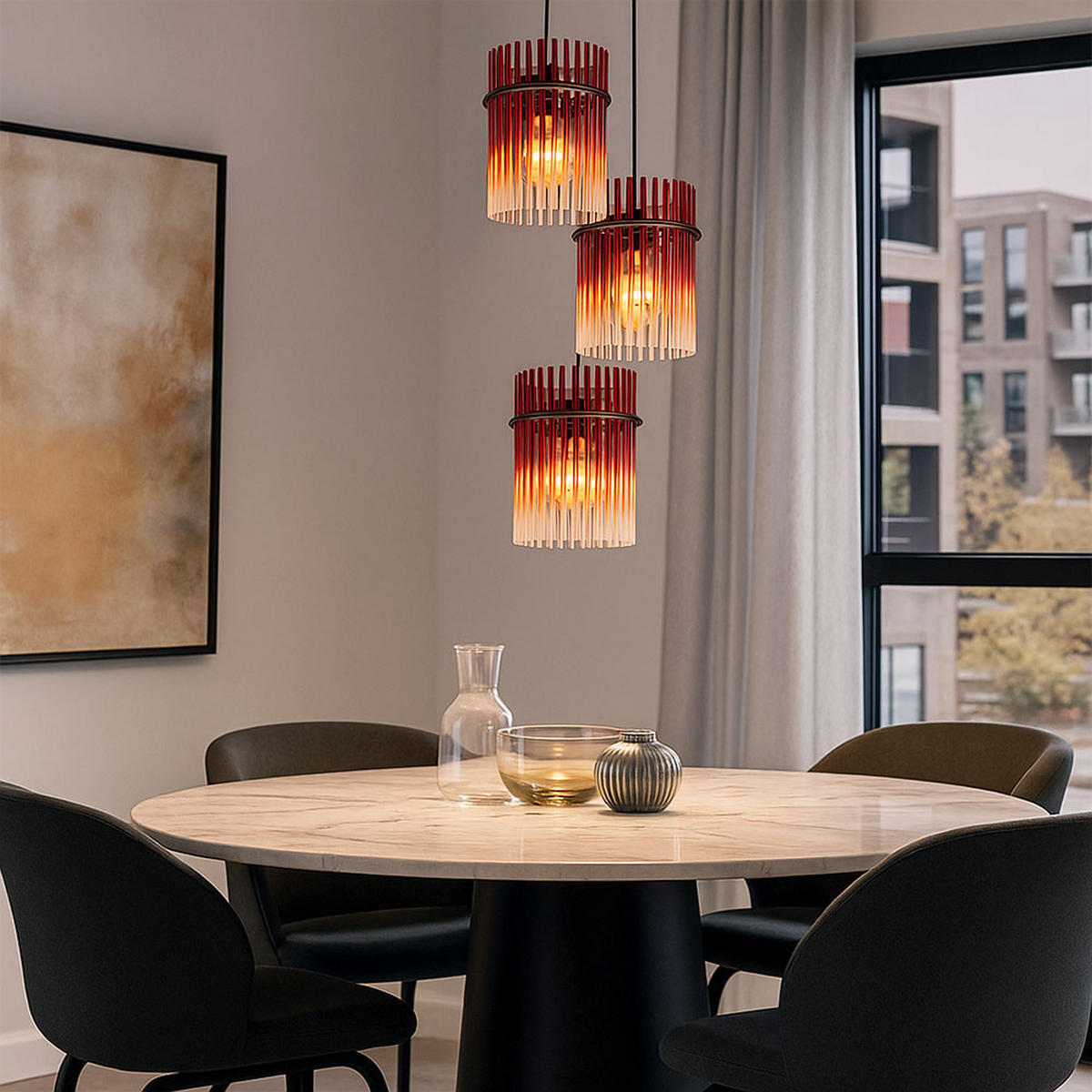 3-FLAMMIGE HÄNGELEUCHTE Metall Rot LED - Schwarz, Glas (47/47/140cm) - Globo Lighting