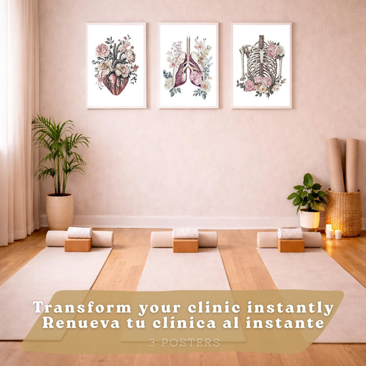POSTER Set aus 3 Anatomie Florale Vintage Drucke und Wandbilder mit Herz Brustkorb und Lungen Detaillierter Illustrationsstil Größe Weißer Rahmen A4 - Weiß, Papier (21/29.7/3cm) - Nacnic