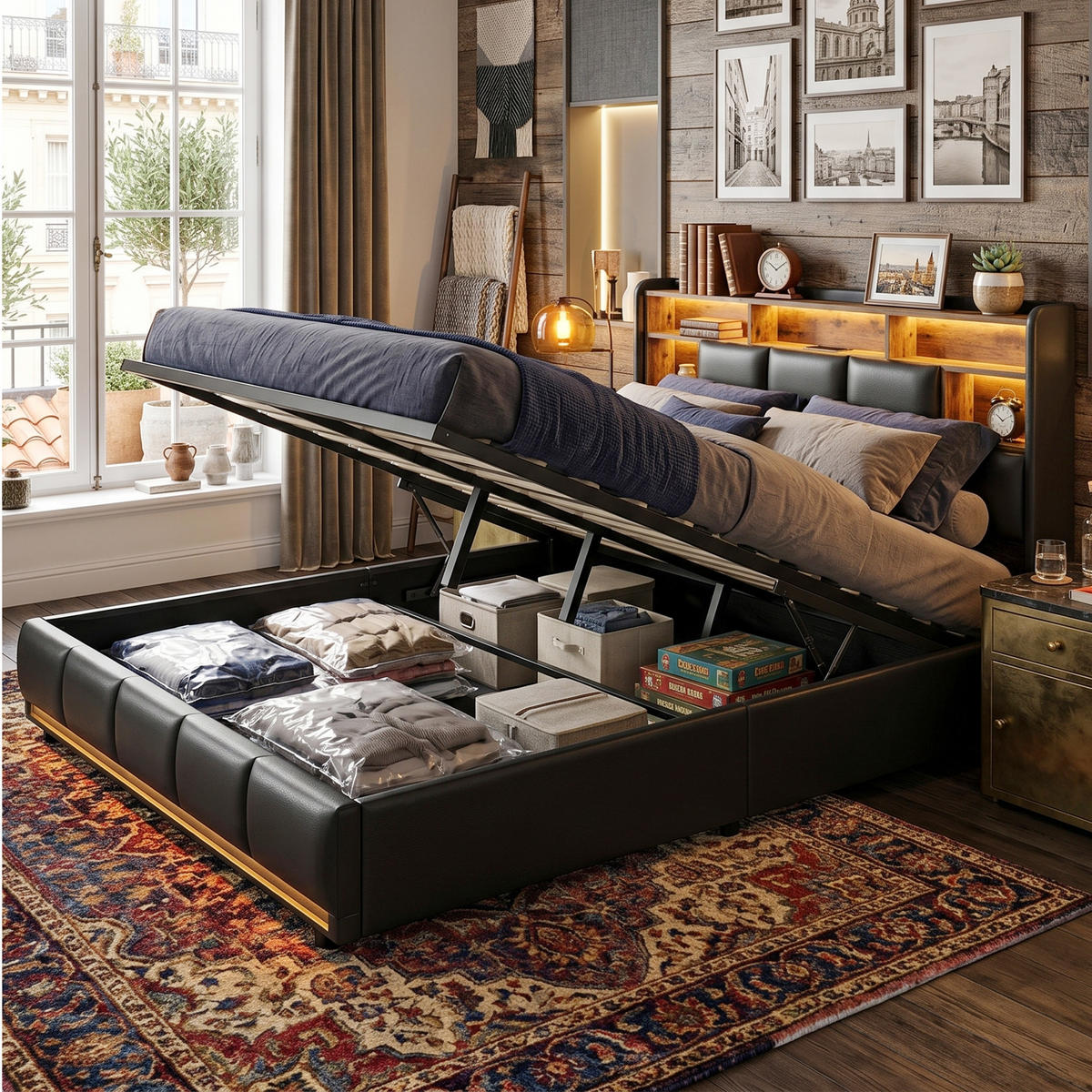 POLSTERBETT Industrial 140/200 cm mit Bettkasten & Dual-LED Kunstleder Schwarz - Schwarz, Textil (140/200cm) - Creahappy