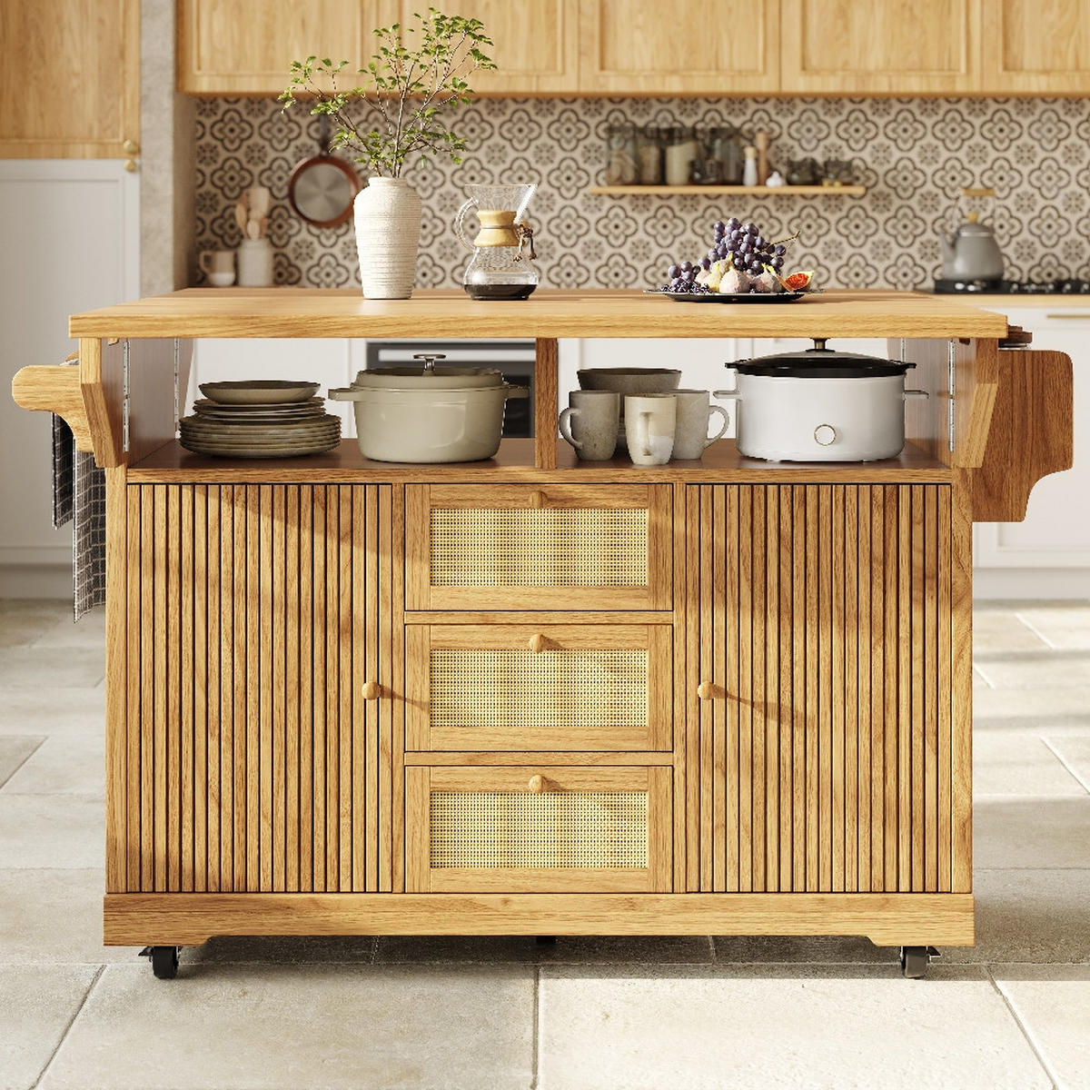 KÜCHENINSEL ausklappbar in Naturbraun mit Rattan, 142,5/80/95 cm - Naturfarben, Kunststoff (80/95/142.5cm) - Rolipo