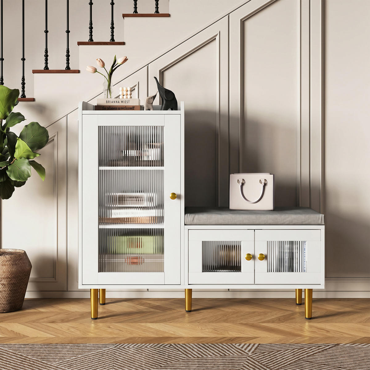 SCHUHKOMMODE Holzoptik Weiß mit Sitzbank und Glastüren, Garderobe für Flur - Weiß, Holz (100/90/35cm) - PARAFTA HOME