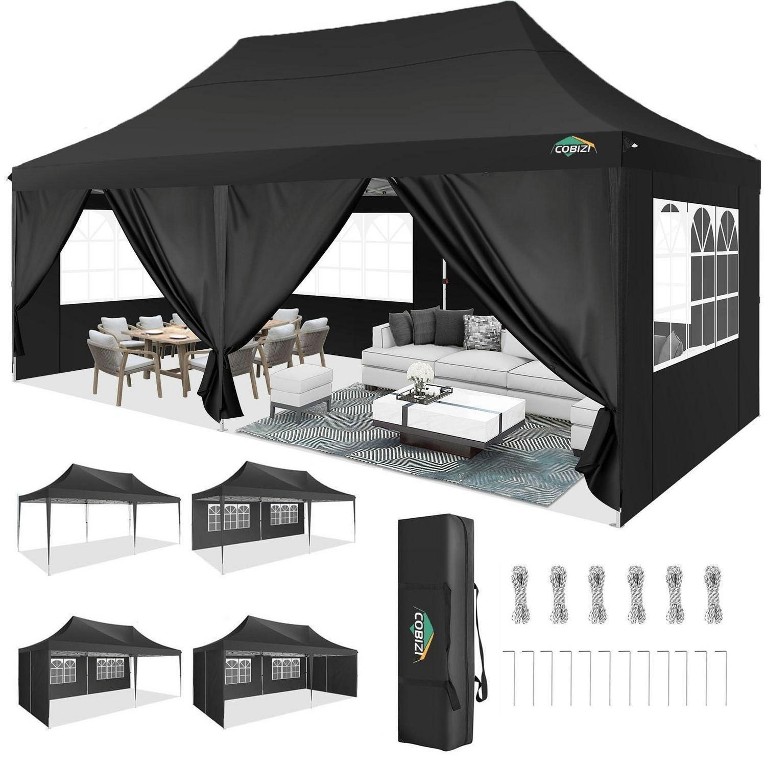FALTPAVILLON 3x6m mit 6 Seitenwänden Schwarz - Schwarz, Textil (300/320/600cm)