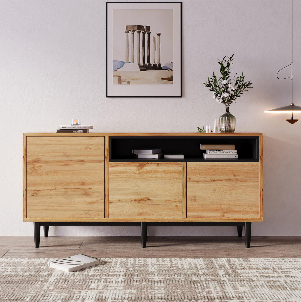 SIDEBOARD 160/35/76 cm schwarz/natur aus MDF mit 3 Türen - Naturfarben, Holzwerkstoff (160/76/35cm) - OKWISH