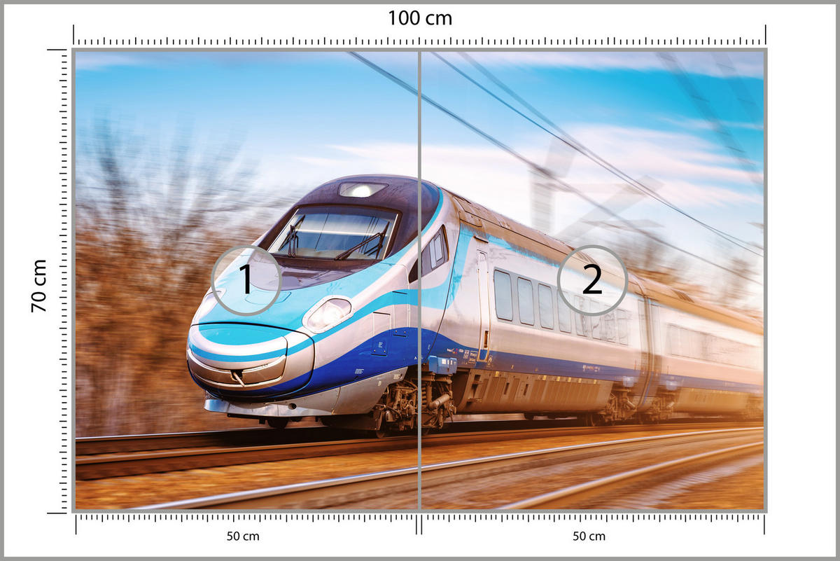FOTOTAPETE für Wohnzimmer Moderner Zug Eisenbahnschienen 100x70 - Blau/Schwarz, Papier (100/70cm) - Muralo