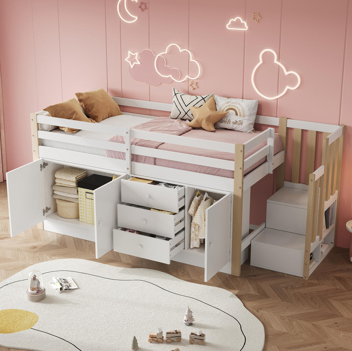 KINDEREINZELBETTEN aus MDF 90x200 cm in Weiß mit Treppe, Schubladen & 2 Schränken - Weiß, Holzwerkstoff (90/200cm) - Modfu