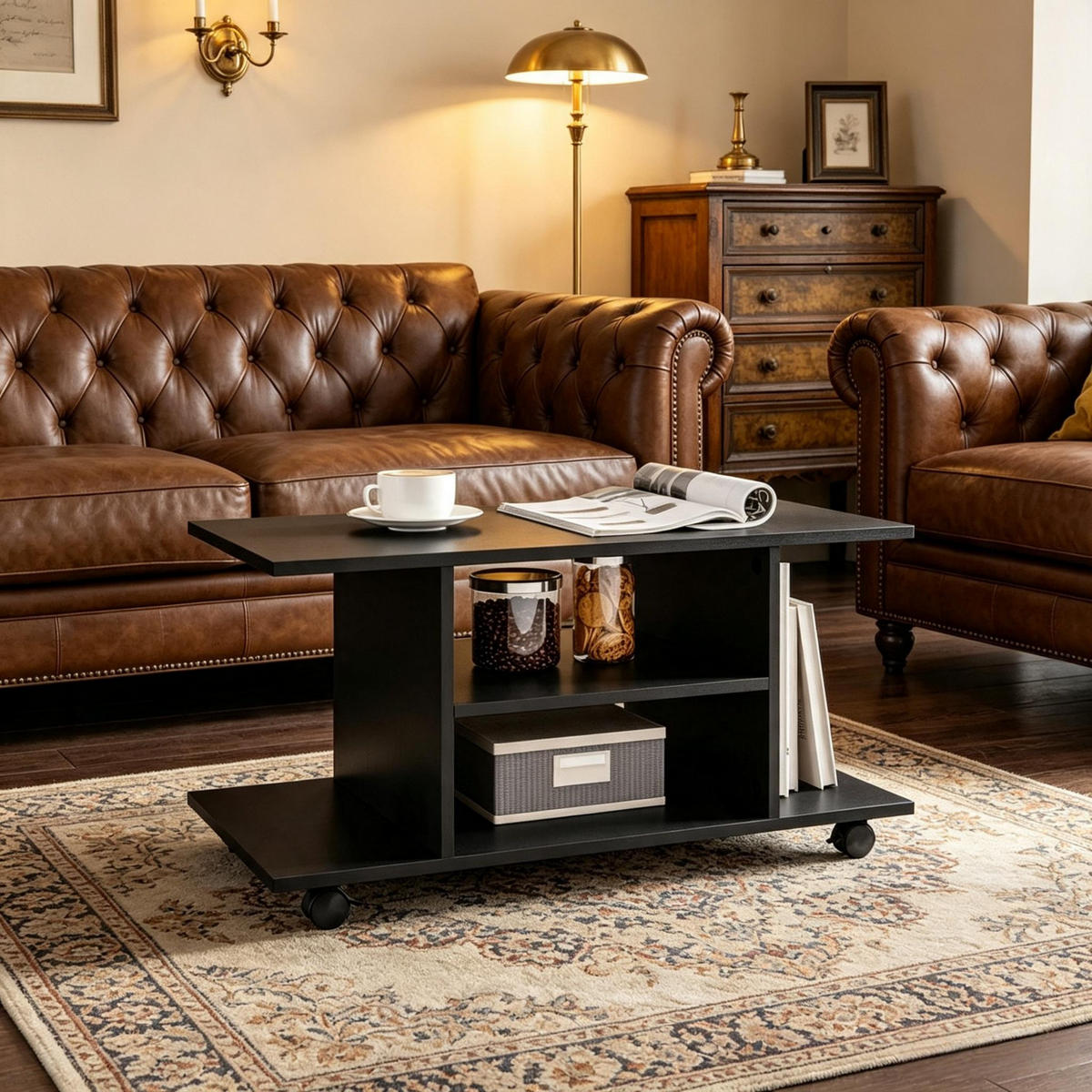 COUCHTISCH DE-40513 Auf Rollen mit zweistufigen offenen Regalen Schwarz - Schwarz, Holzwerkstoff (40/80/40cm) - ComfortXL