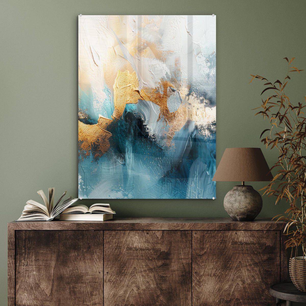 OBRAZ NA AKRYLOVOM SKLE Abstraktné - umenie - zlaté - modré 60x80 cm - petrolejová, sklo (60/80cm) - MuchoWow