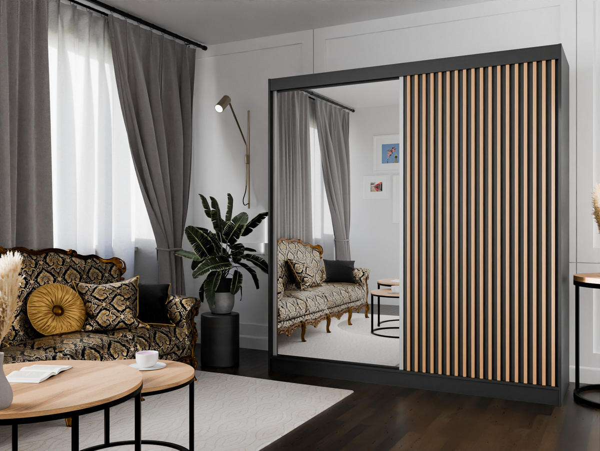 SCHIEBETÜRENSCHRANK LAMELIS - Eiche Wotan/Schwarz, Holzwerkstoff (200/215/61cm) - Meblini