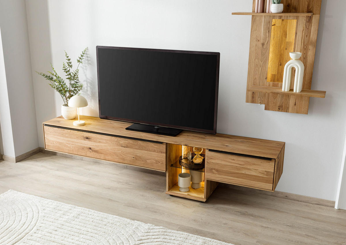 LOWBOARD Wildeiche 220x43x55 natur geölt WIEN #209 - Naturfarben, Holz (220/55/43cm) - Massivmoebel24
