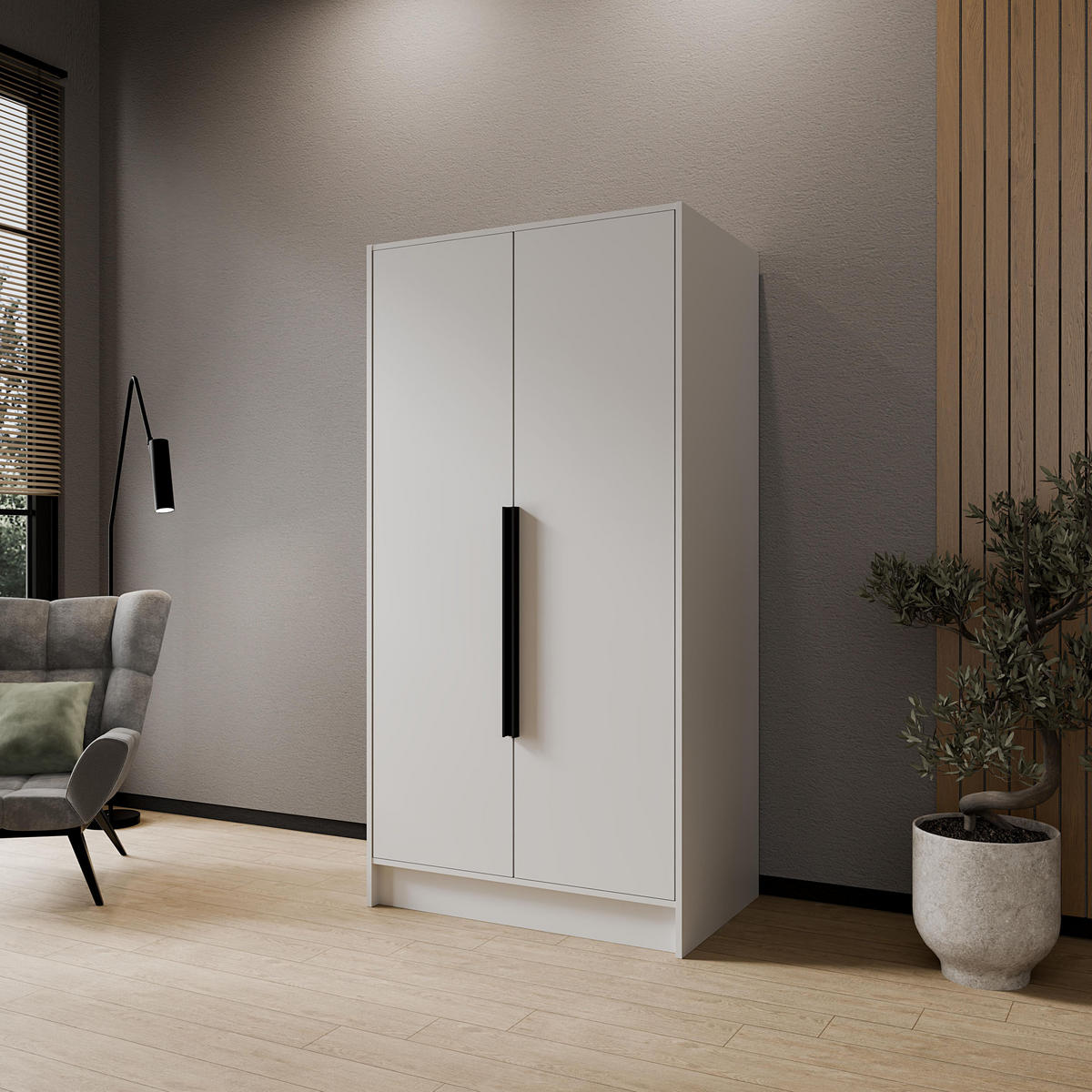 KLEIDERSCHRANK Mono Bis im Skandi-Stil, Drehtüren mit Schwarze Metallgriffe, Weiß 102/200/51 cm - Weiß, Holzwerkstoff (102/200/51cm) - WFL GROUP