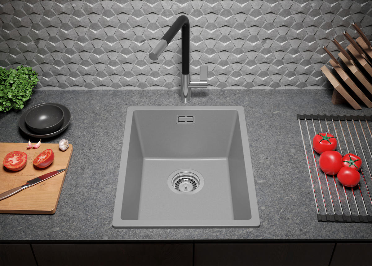 GRANITSPÜLE London Slim, 2-er set Grau 36/47 cm 1 Becken + Küchenarmatur 32/20 cm + Ablauf-Set ab 40er Unterschrank - Grau, Kunststoff (36/20/47cm) - Primagran