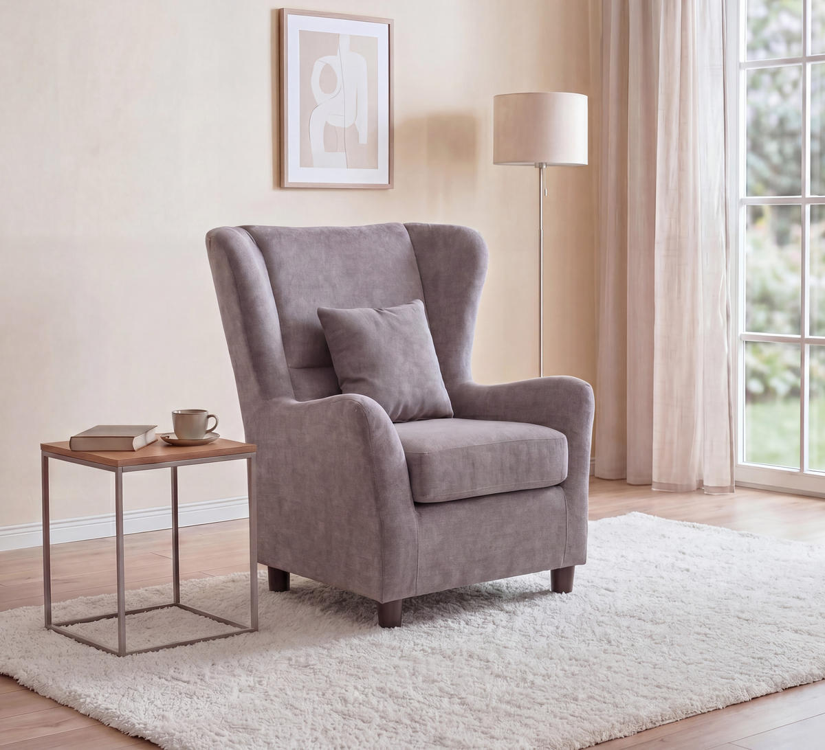 OHRENSESSEL mit HOCKER, hoher Sitzkomfort durch Taschenfederkern, Mikrofaser Hellgrau / 16146 - Hellgrau/Schwarz, Holz/Textil (89/95/79cm) - luma-home