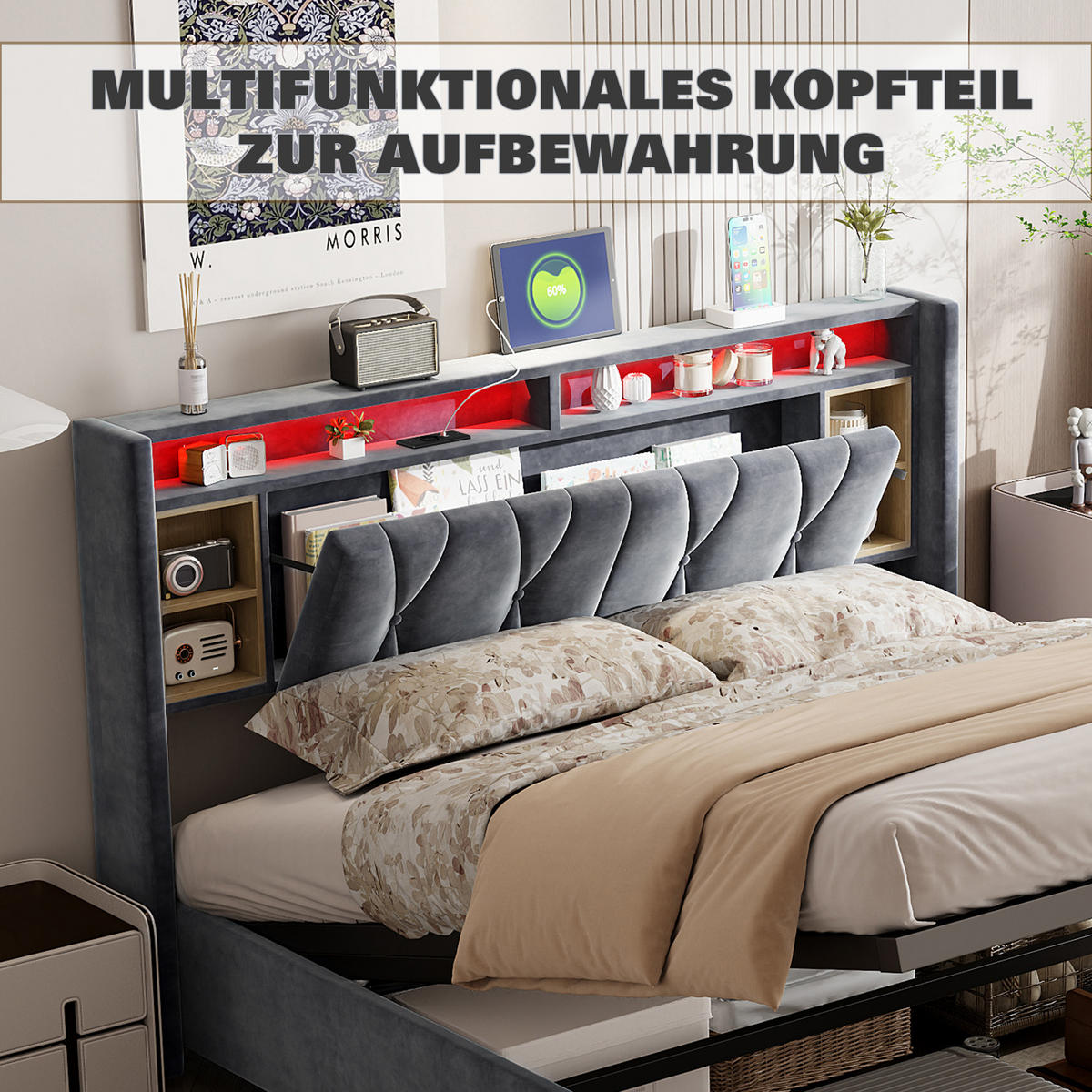 POLSTERBETT 140/200 cm mit Stauraum‑Kopfteil, LED‑Beleuchtung & USB‑Anschluss, Samtbett mit integrierter Ablage - Grau, Holz/Metall (140/200cm) - Joyfair