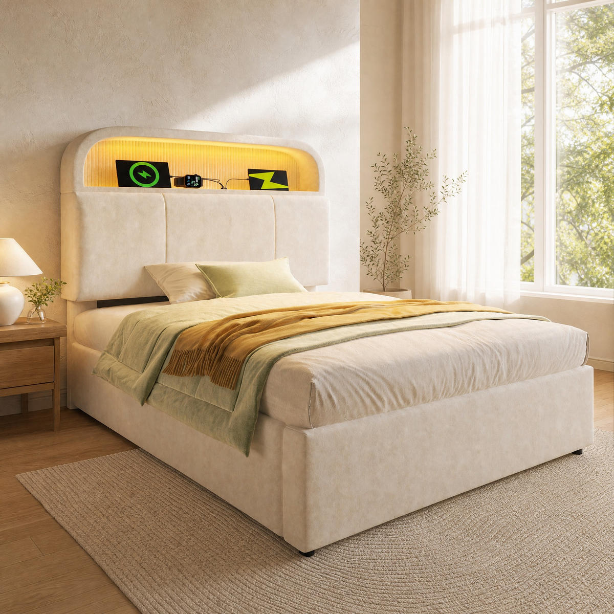 POLSTERBETT 90/200 cm in Beige mit Bettkasten, LED und USB aus Samt - Beige, Holzwerkstoff/Textil (90/200cm) - STILVORA