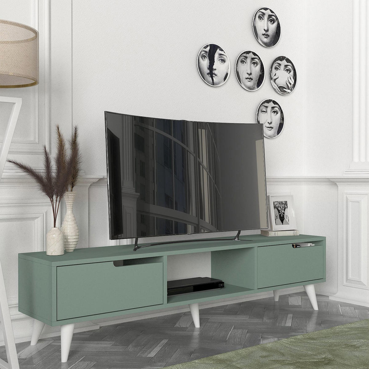 FERNSEHSCHRANK Kullila - Eichefarben/Grün, Holzwerkstoff (35/40/160cm) - [en.casa]